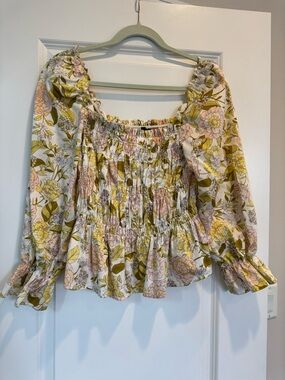 Who What Wear Floral Smocked Peasant Top in Yellow, Pink and Green